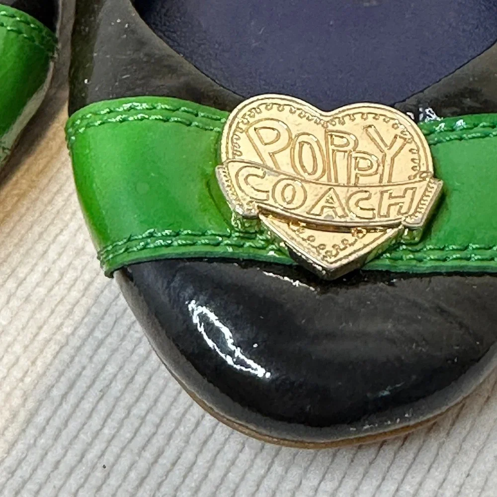 Coach Poppy Ballet Flats Women 7 Black Green Heart Logo Q3066